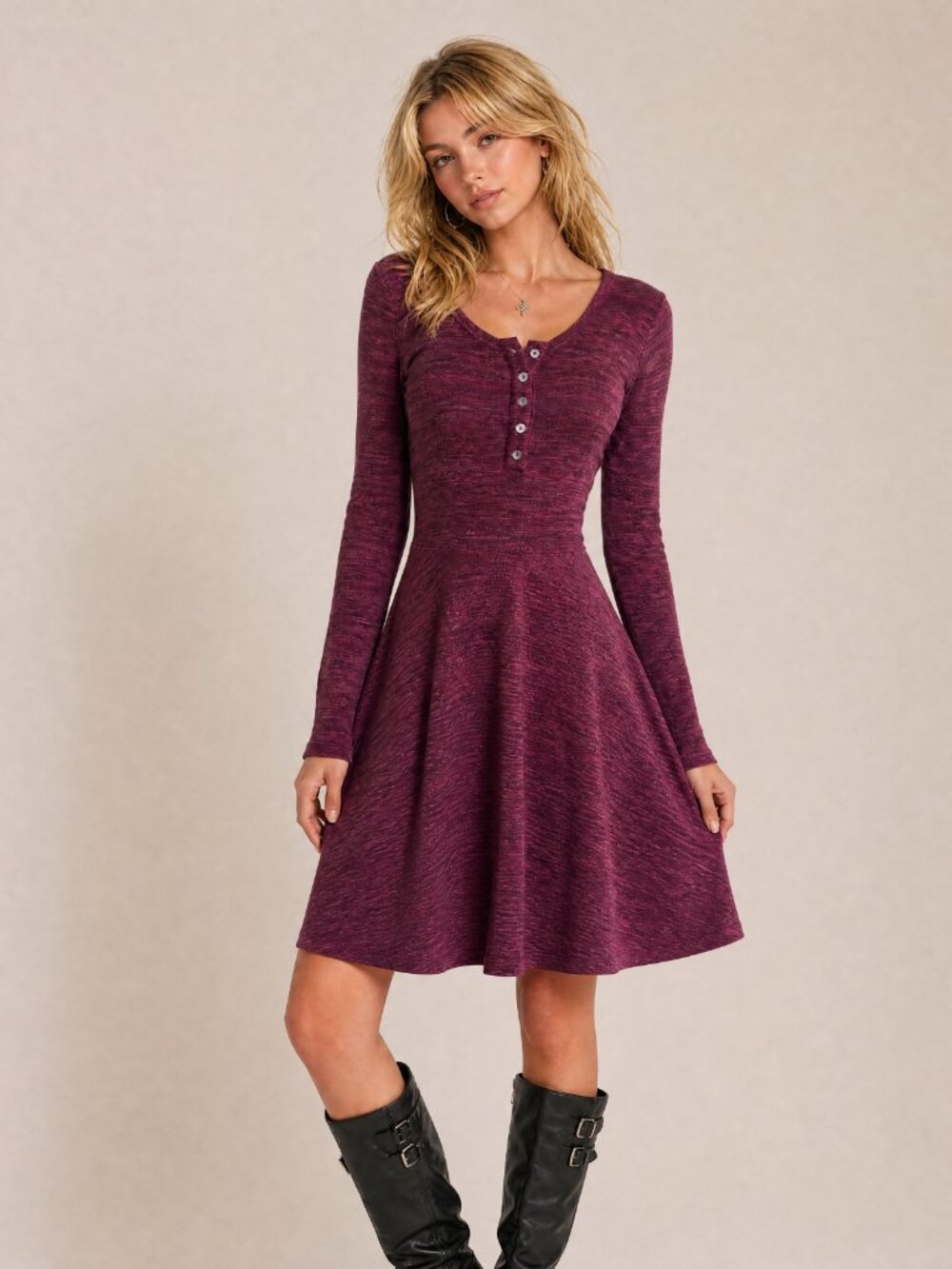 Superdry Red Heathered Henley Dress Long Sleeve Fit Flare Skater Ribbed Mini